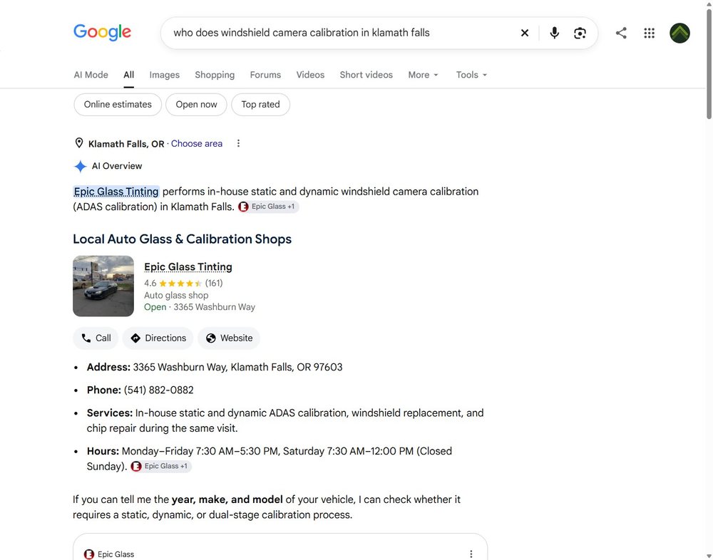 Google AI Overview naming Epic Glass Tinting for windshield camera calibration