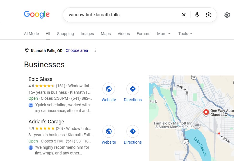 Map results for window tint with Epic first, October 5