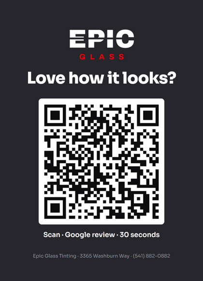 Counter sign: Love how it looks? Scan, Google review, 30 seconds