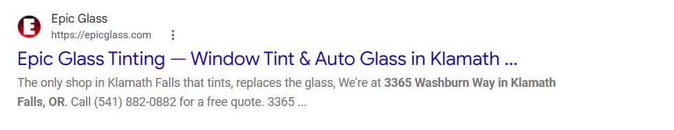 Epic Glass Tinting as the top web result for windshield replacement klamath falls