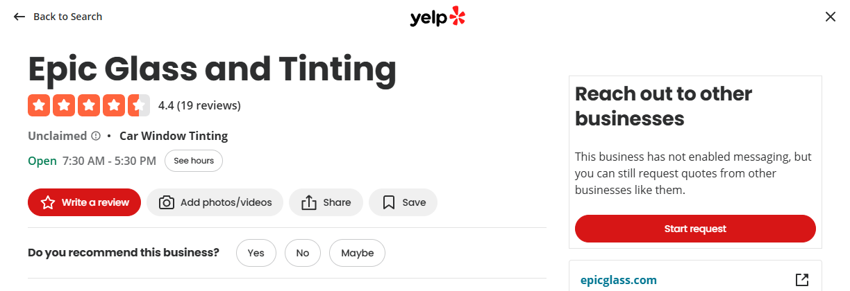 Yelp listing for Epic Glass and Tinting, unclaimed, 4.4 from 19 reviews